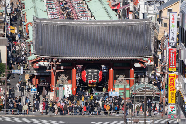 Tokyo, Japan - December 5, 2023: People gather around the Kaminarimon entrance gate in Asakusa district.