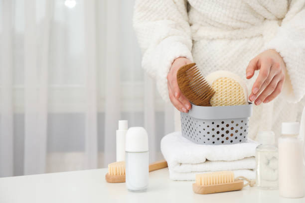 istock Bath accessories and supplies, composition with bathrobe 1877177168
