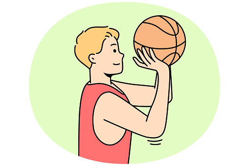 Boy throws ball into hoop or through net. Guy playing basketball or volleyball on court. Basketballer, hoopster, player trying to hit into rim. Sportsman practices drills. Young man training.
