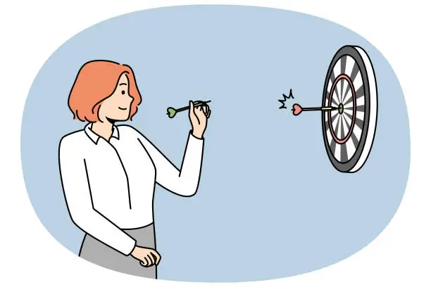 Vector illustration of Girl aiming, throwing darts at round target at wall.