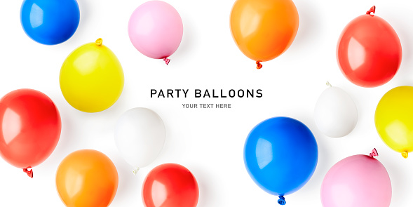 Colorful party balloons frame border isolated on white background. Creative layout. Flat lay, top view. Design element