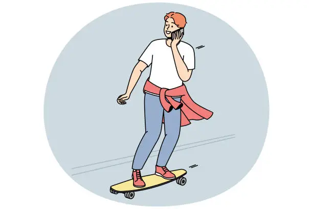 Vector illustration of Guy is rolling on skateboard down street, talking on cellphone.