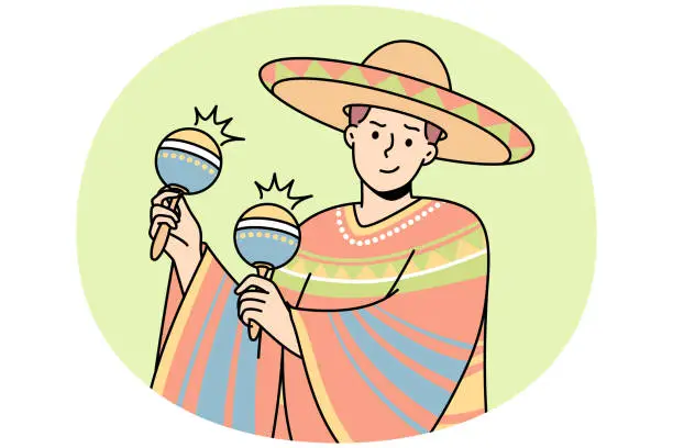 Vector illustration of Mexican man in national costume, sombrero plays maracas.