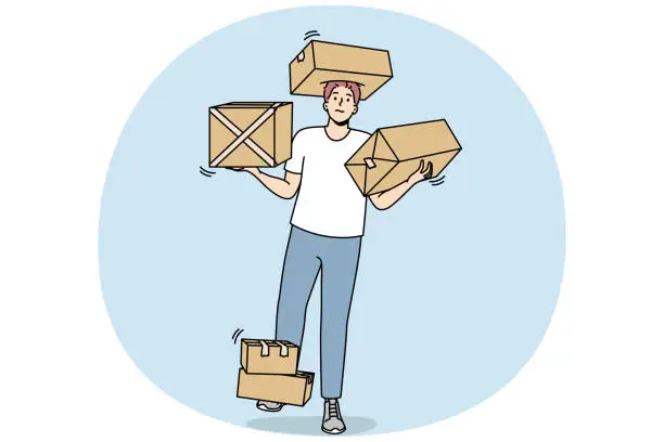 Vector illustration of Courier man carries cardboard boxes with goods.