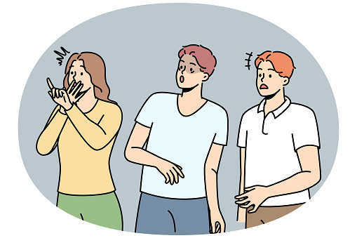 People watch unpleasant event in fear and excitement. Men, woman look at someone, disapproving, empathizing, trying to prevent what is happening. Vector line art multicolored illustration.