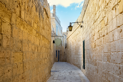 Ancient narrow medieval street, town Mdina, Malta