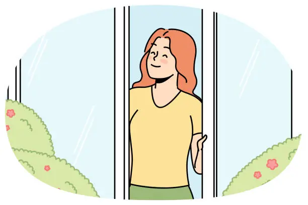 Vector illustration of Happy girl looks out of window, rejoices in rays of sun in spring.