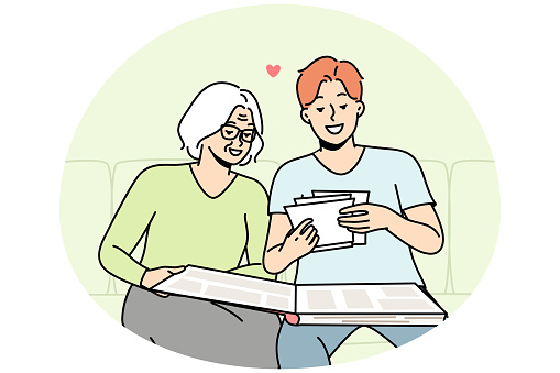 Elderly woman and her son are looking at old photos in photobook. Grandmother tells her grandson about relatives, events in pictures in photograph album. Vector thin line colored illustration.