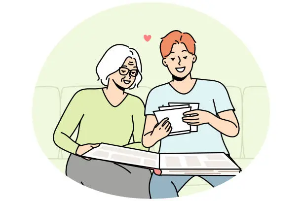 Vector illustration of Elderly woman and her son are looking at old photos.