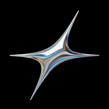 Glossy 3D holographic Y2K style star, shining chrome metallic shape for modern futuristic design. Isolated vector element