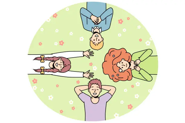 Vector illustration of Guys, girls lie on grass among flowers, look at sky.