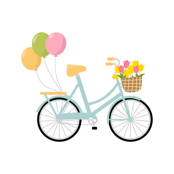 Vector illustration of Cute romantic blue bicycle with balloons and a basket of tulips.
