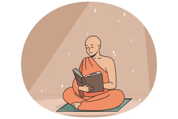 Vector illustration of Buddhist monk reads ancient book sitting on rug.