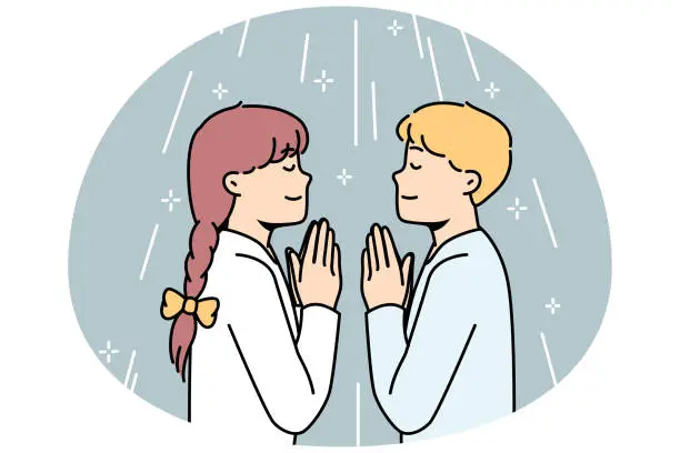 Vector illustration of Boy, girl pray to God facing each other in church.