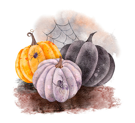 Halloween orange pumpkin with spider and spider web, paint strokes and splashes. Watercolor scary party hand drawn illustration. Symbol of horror for stickers, holidays design.