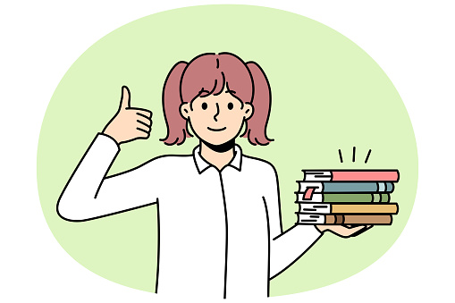 Girl holds pile of paper books, shows thumb up. Schoolgirl with textbooks loves to read, bookworm demonstrate like hand gesture. Student passed exam successfully. Vector outline coloured illustration.