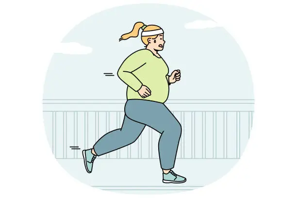 Vector illustration of Fat woman makes cardio outdoor to burn calories.