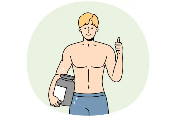 Vector illustration of Smiling bodybuilder with protein in hands