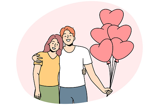 Smiling couple hug holding bunch of balloons in heart shape. Happy man and woman celebrate anniversary together. Love and relationships. Vector illustration.