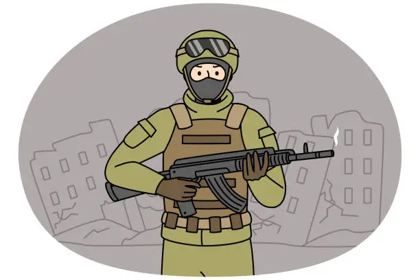 Vector illustration of Soldier with weapon in ruined city