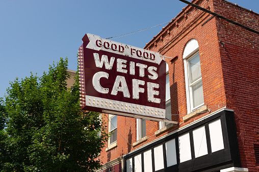 Morris, Illinois - United States - June 20th, 2023: Exterior of downtown cafe in Morris, Illinois, USA.