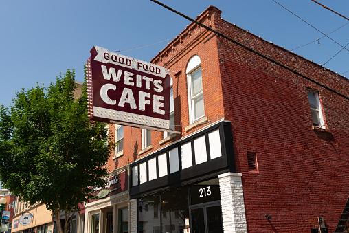 Morris, Illinois - United States - June 20th, 2023: Exterior of downtown cafe in Morris, Illinois, USA.
