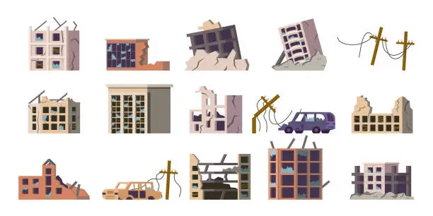 Vector illustration of Ruined building set. Buildings after earthquake. Cartoon abandoned flat style isolated city elements, collapsed and broken houses and property, card and power lines. Vector set