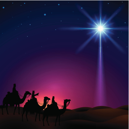 Three wise men follow the star to Bethlehem. EPS 10, contains trasparency. Star created with mesh.