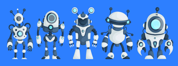 istock Set of Five Modern Robots Isolated on Blue Background Cute Character Cartoon Artificial Intelligence Concept Flat Vector Illustration 1877296007