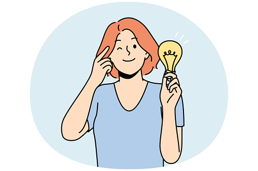 Smiling young woman with lightbulb in hand develop creative idea. Happy female with light bulb generate business thought or strategy. Innovation concept. Vector illustration.