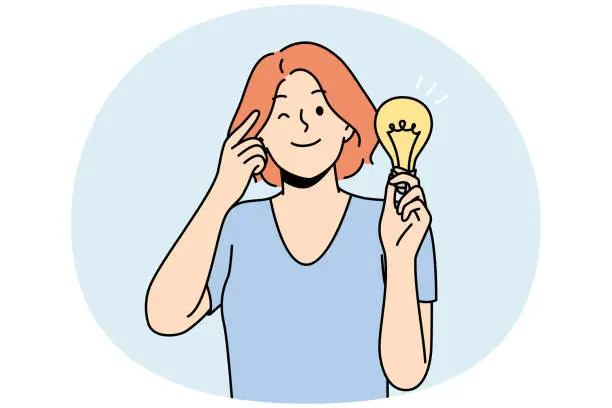 Vector illustration of Smiling woman with lightbulb develop business idea