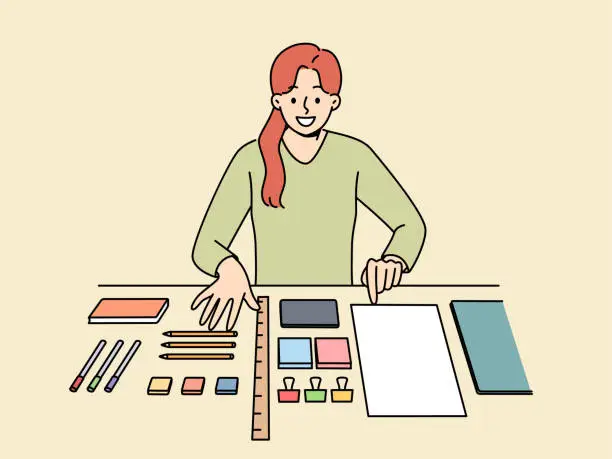 Vector illustration of Perfectionist woman with OCD syndrome puts things in order on desktop and workplace