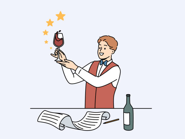 ilustraciones, imágenes clip art, dibujos animados e iconos de stock de el sommelier sostiene un vaso de vino tinto y evalúa el sabor de la bebida alcohólica noble. - wine degustation winetasting cafe