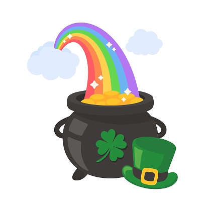 A cloud that shoots a rainbow on a pot full of gold coins with the clover symbol of good luck on st patrick's festival