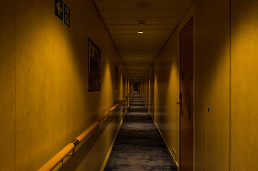 Dark Hallway Corridor in a hotel inside a big ferry ship