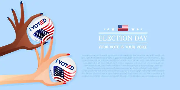 Vector illustration of Election voting concept in flat style. Voting in the USA, Democratic and Republican parties. American women's hands of different races with choice icons on a neutral color background. Election voting poster with place for text.