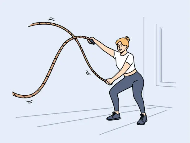 Vector illustration of Woman doing fitness using battle rope training at sport center to lose weight or build muscles