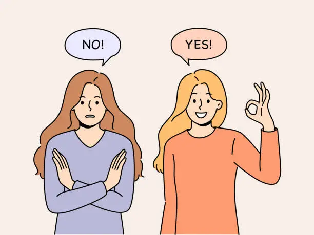 Vector illustration of Women with opposing opinions demonstrate yes and no gestures, answering question or suggestion