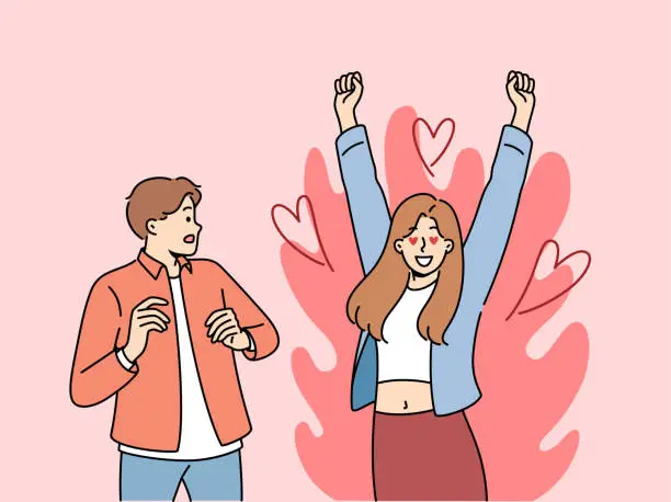 Vector illustration of Excited woman is in love with man who is scared because of excessive passion from fan