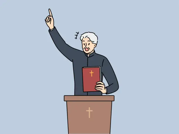 Vector illustration of Priest with bible shouts and standing behind podium with christian catholic crucifix.