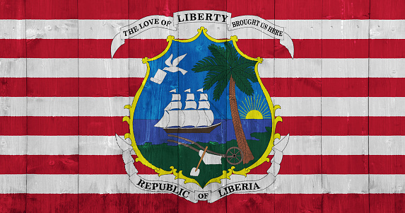 Flag and coat of arms of Republic of Liberia on a textured background. Concept collage.