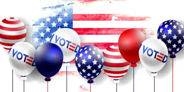Vector illustration of Election day, political election campaign in realistic style. Balloons with American flag on abstract grunge background. Poster for voting in elections.