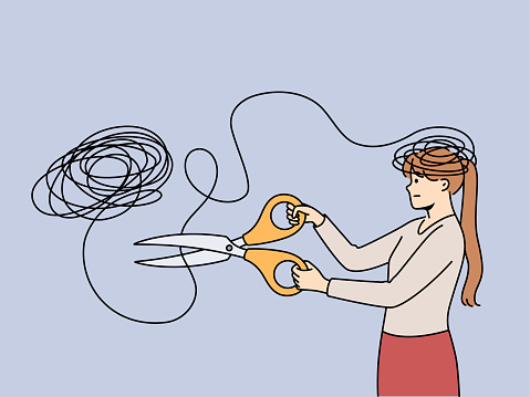 Woman gets rid of mental problems by cutting off tangled threads coming from head with large scissors. Girl struggles with mental disorder that causes psychological discomfort and melancholy