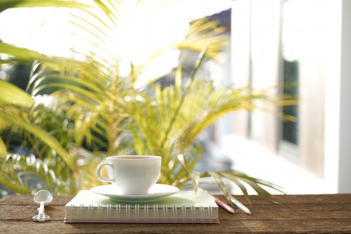 White coffee cup and diary notebooks and plant on balcony outdoor drinking