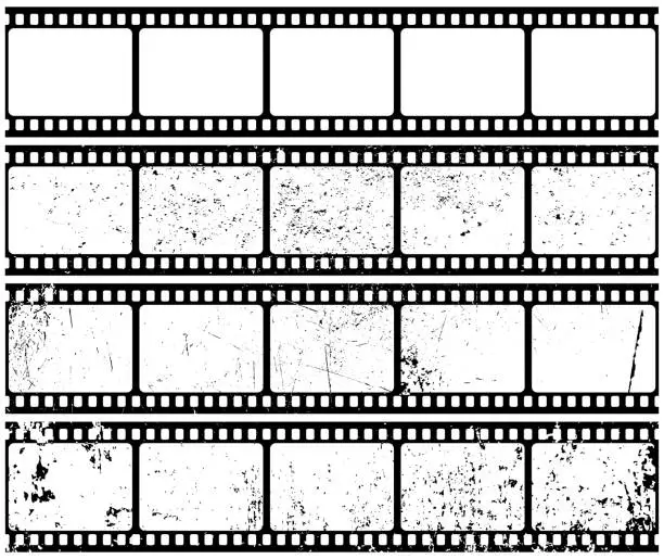 Vector illustration of A set of vintage photographic or film films, damaged and clean. Vector monochrome illustration. Background or element for design