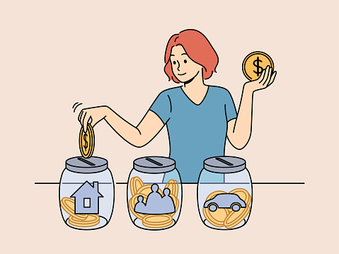 Woman is engaged in financial planning, putting earned money into different glass jars with picture of car and house or family. Girl invests in own future thanks to financial literacy