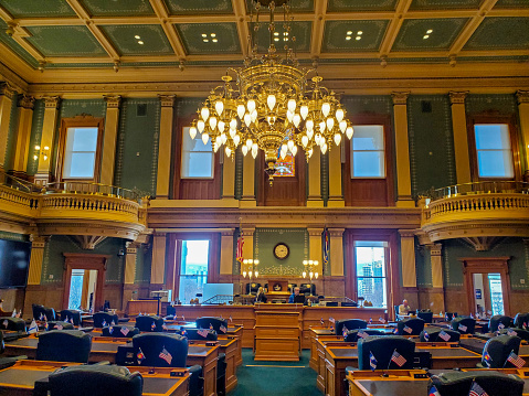 Denver, Colorado, USA-December 20, 2023: Interior of the House of Representatives Chamber in the Colorado State Capital, Denver.