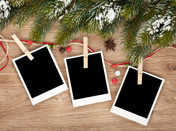 Blank christmas photo frames Blank christmas photo frames with fir tree and decor three objects photos stock pictures, royalty-free photos & images