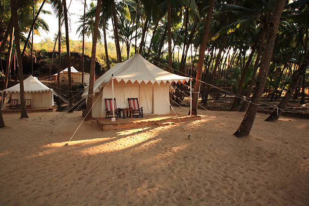 Luxury tent on the beach India Luxury tent on Cola beach, Goa, India glamping photos stock pictures, royalty-free photos & images