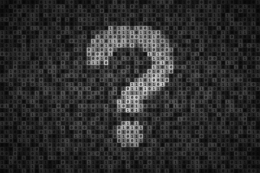 Question mark made from 0 and 1 symbols of binary code. Concept of unidentified data and anonymity, digital information environment and cyber security. Monochrome illustration in shades of gray
